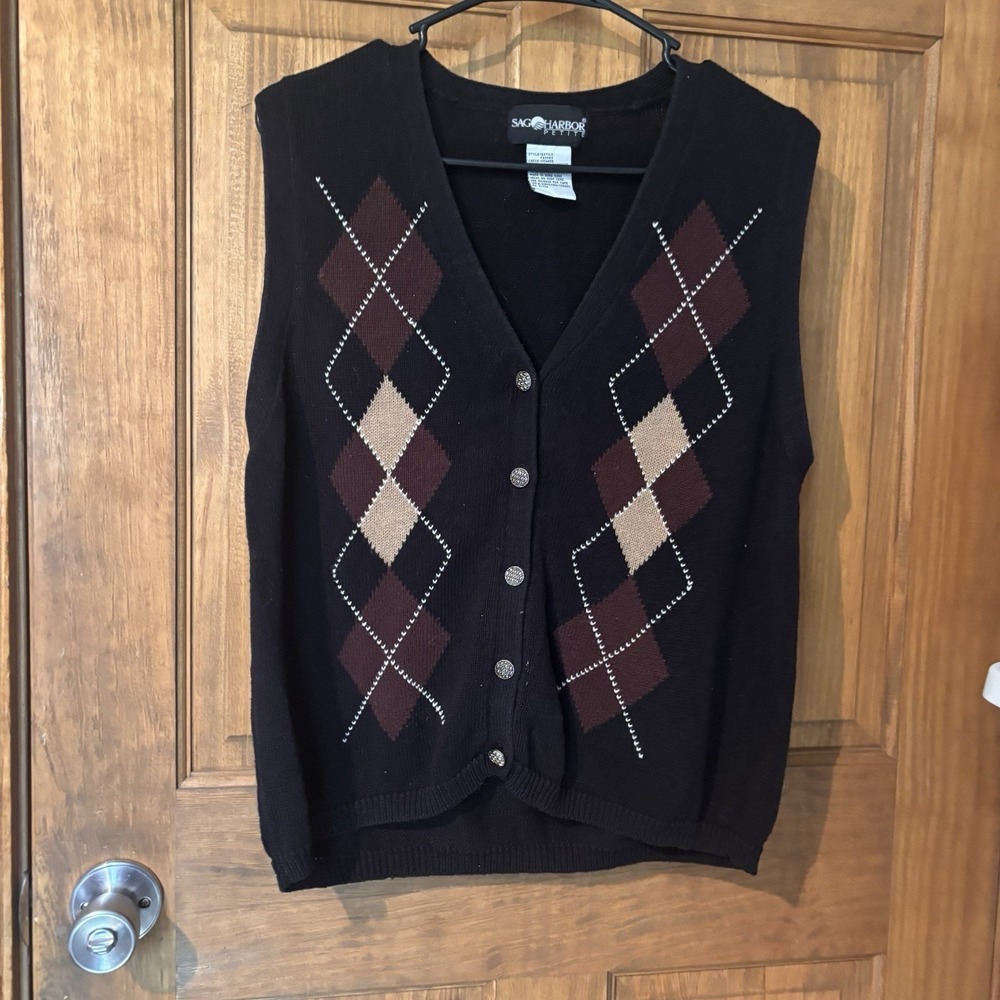 VTG Sag Harbor Petite Argyle Sweater Vest Cardigan Button Front Knit Dark